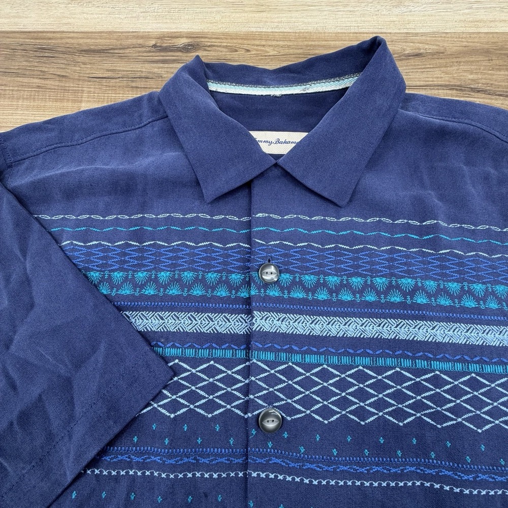 Tommy Bahama 100% Silk Shirt Men's L Camp Shirt Blue Short Sleeve